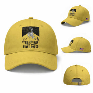 Funny Skeleton Cowboy This Actually Is My First Rodeo Baseball Cap Spooky Western Halloween Rodeo Gift