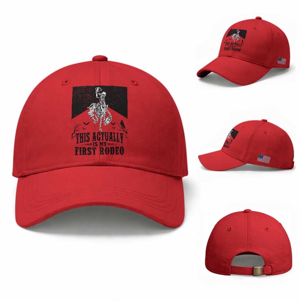Funny Skeleton Cowboy This Actually Is My First Rodeo Baseball Cap Spooky Western Halloween Rodeo Gift