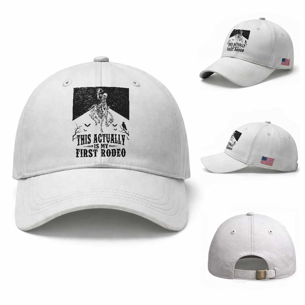 Funny Skeleton Cowboy This Actually Is My First Rodeo Baseball Cap Spooky Western Halloween Rodeo Gift
