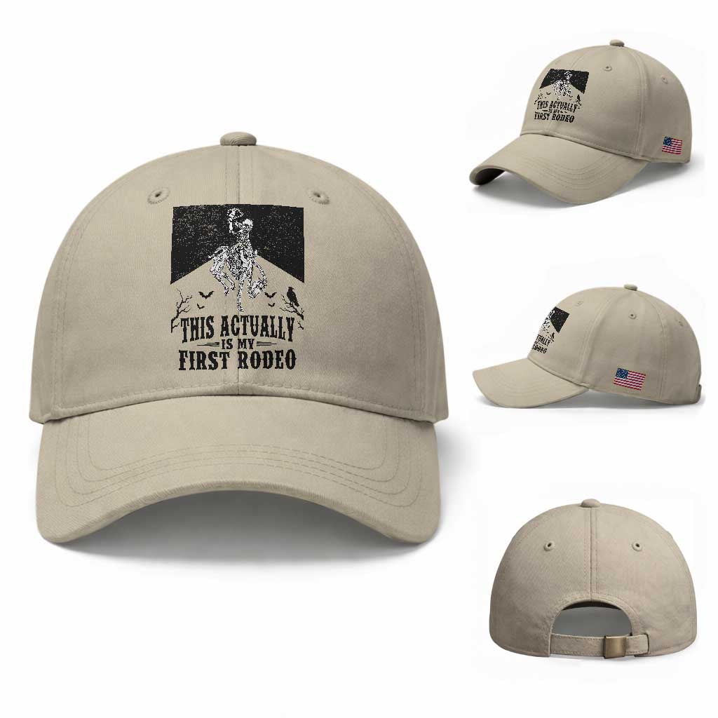Funny Skeleton Cowboy This Actually Is My First Rodeo Baseball Cap Spooky Western Halloween Rodeo Gift