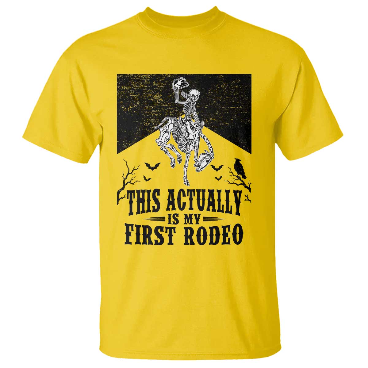 Funny Skeleton Cowboy This Actually Is My First Rodeo T Shirt Spooky Western Halloween Rodeo Gift