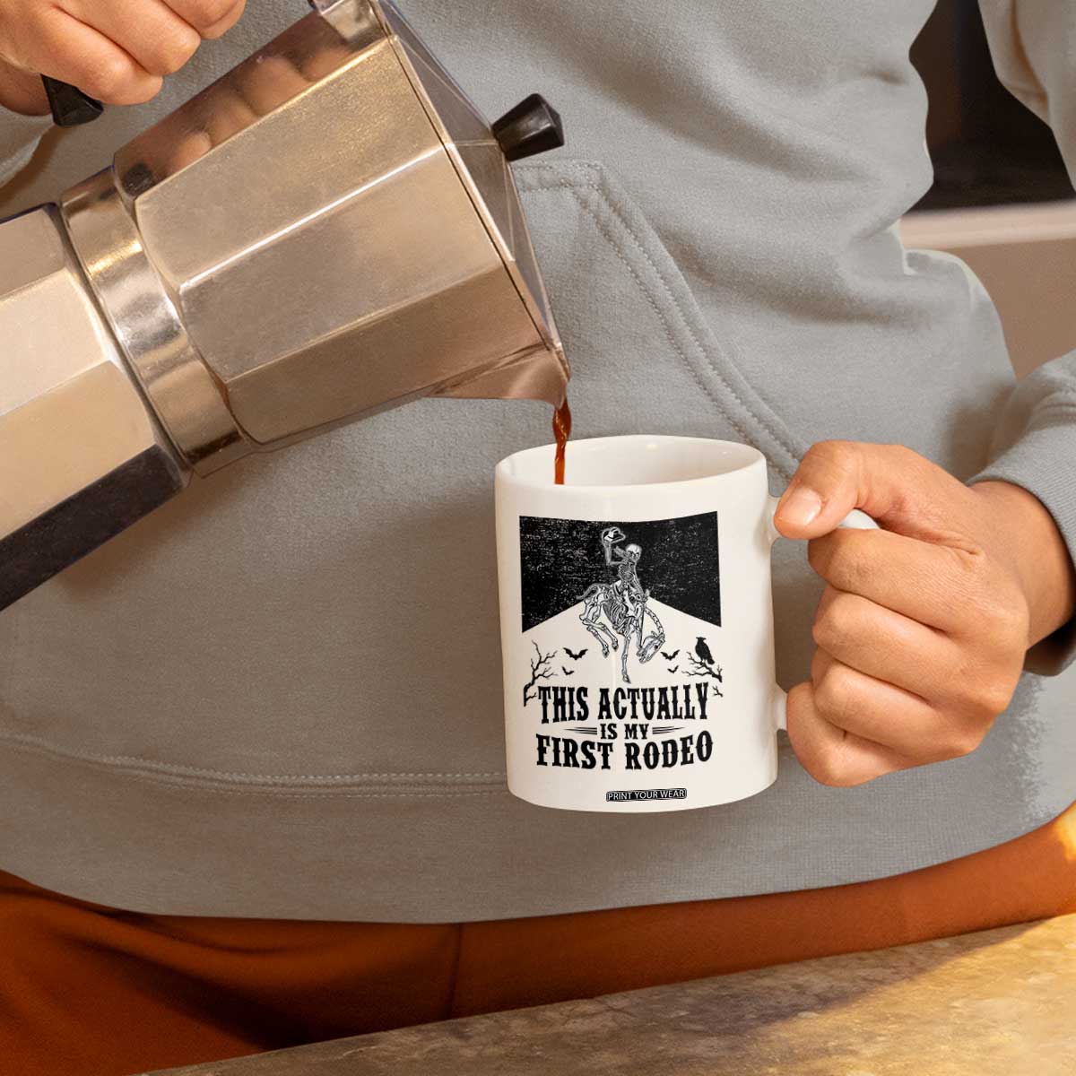 Funny Skeleton Cowboy This Actually Is My First Rodeo Coffee Mug Spooky Western Halloween Rodeo Gift