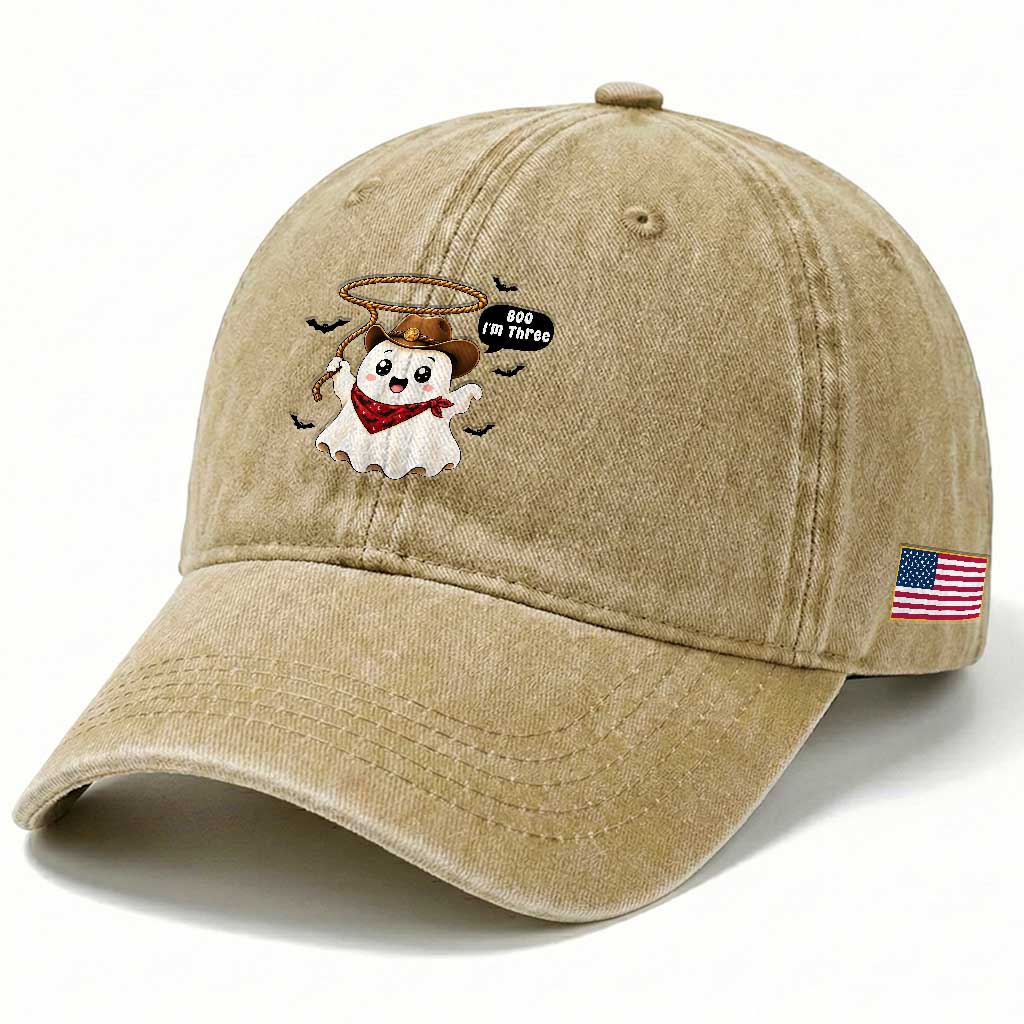 Halloween Spooky Cowboy Ghost 3rd Birthday Washed Cotton Baseball Cap Boo Im Three Western Party Gift