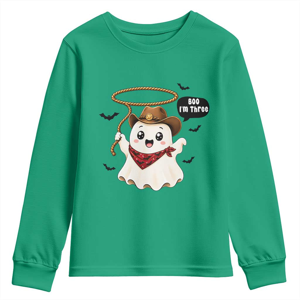 Halloween Spooky Cowboy Ghost 3rd Birthday Youth Sweatshirt Boo Im Three Western Party Gift