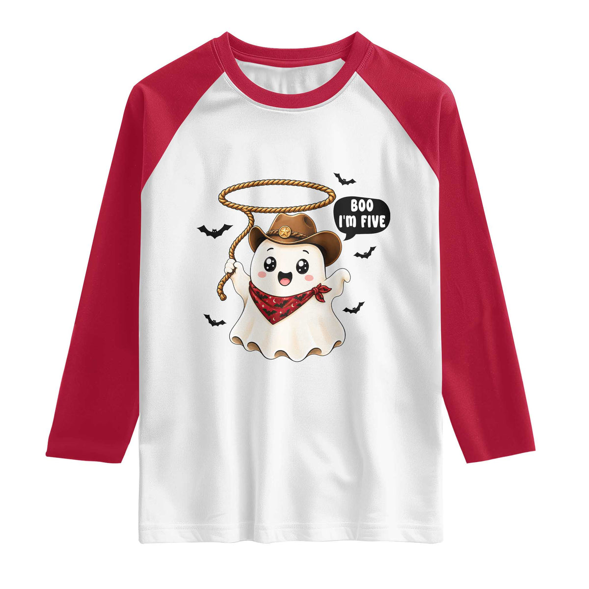 Halloween Spooky Cowboy Ghost 5th Birthday Raglan Shirt Boo Im Five Western Party Gift