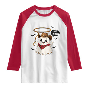 Halloween Spooky Cowboy Ghost 5th Birthday Raglan Shirt Boo Im Five Western Party Gift