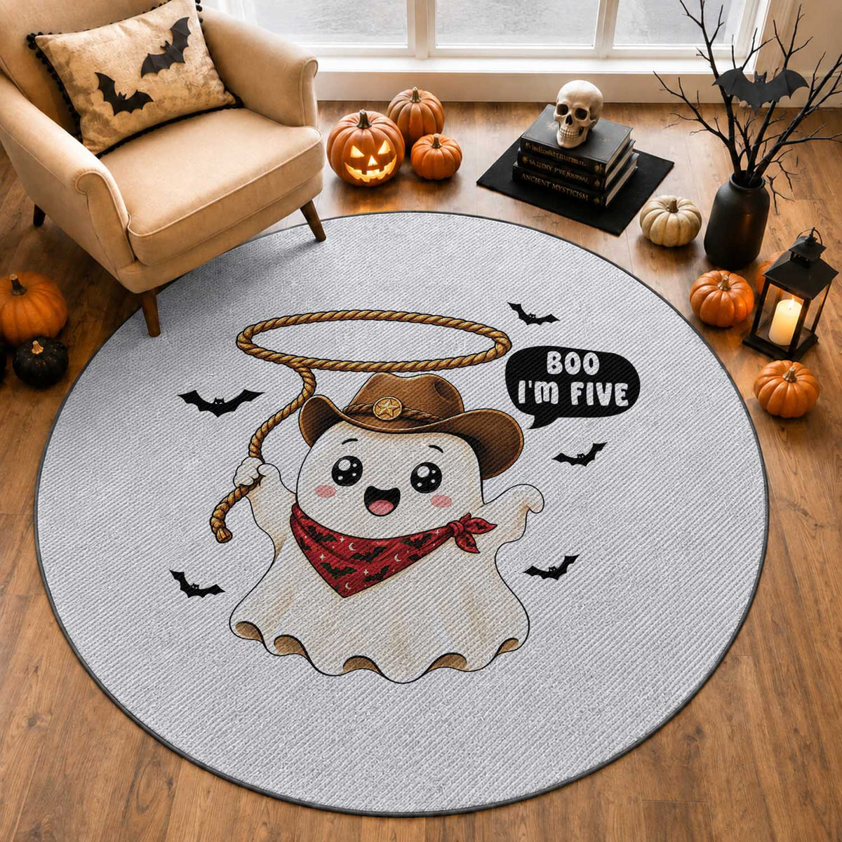 Halloween Spooky Cowboy Ghost 5th Birthday Round Rug Boo Im Five Western Party Gift