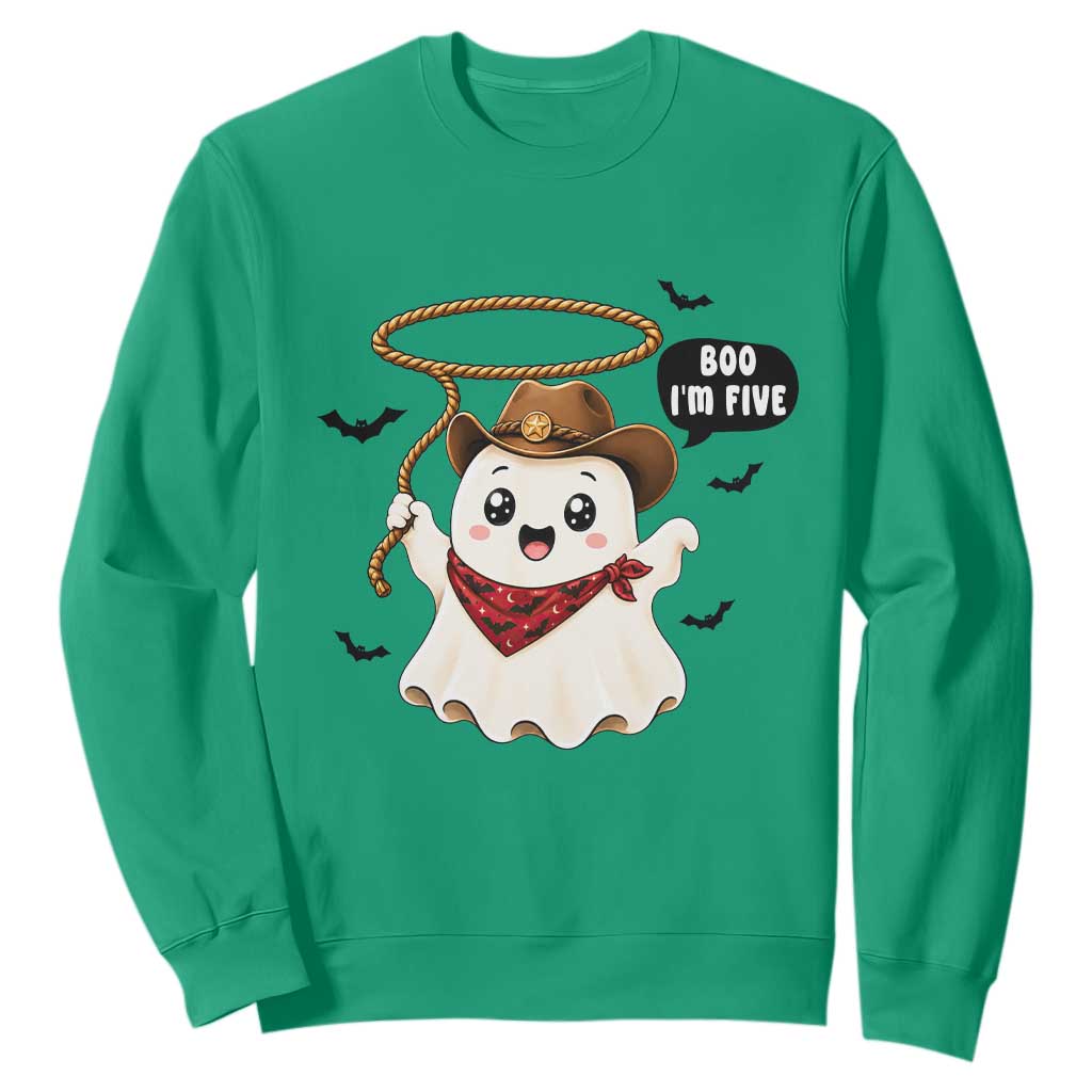Halloween Spooky Cowboy Ghost 5th Birthday Sweatshirt Boo Im Five Western Party Gift