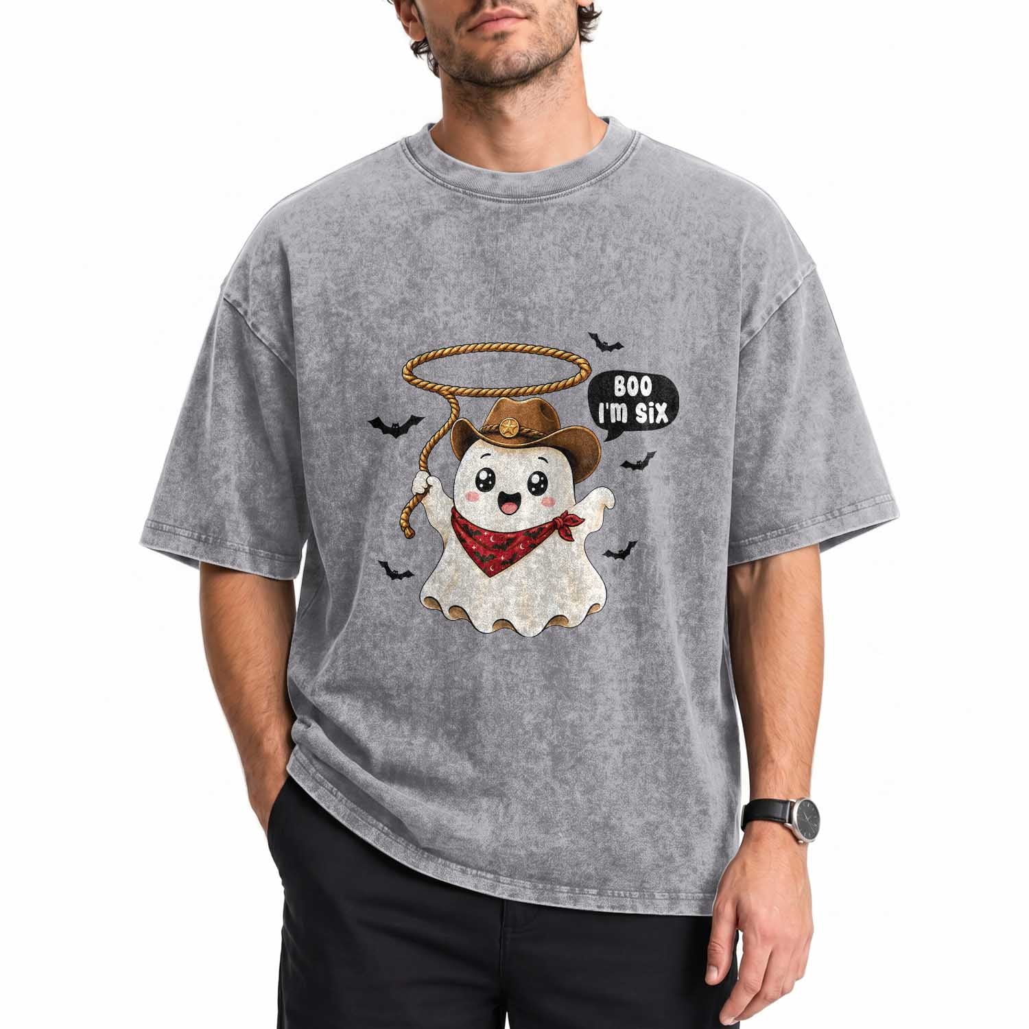 Halloween Spooky Cowboy Ghost 6th Birthday Washed Cotton T-Shirt Boo Im Six Western Party Gift