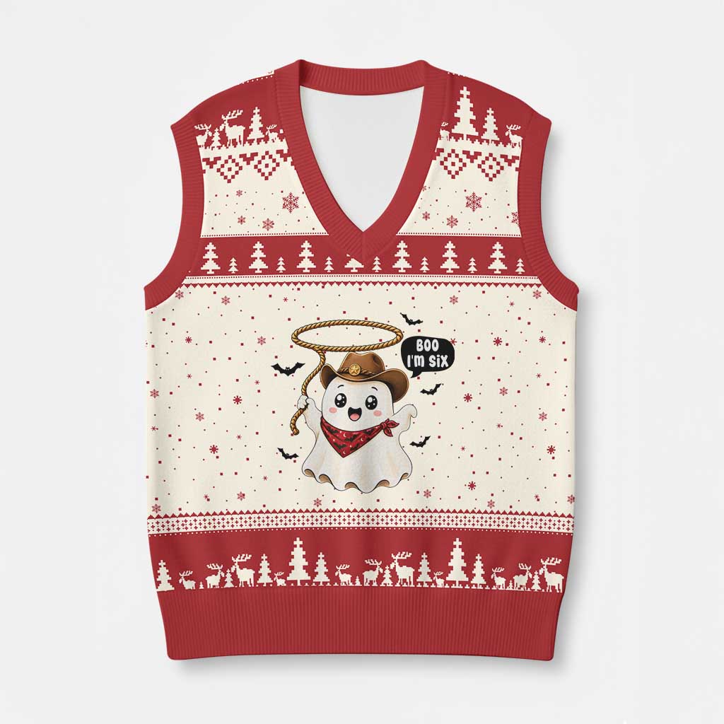 Halloween Spooky Cowboy Ghost 6th Birthday V-Neck Knit Sweater Vest Boo Im Six Western Party Gift