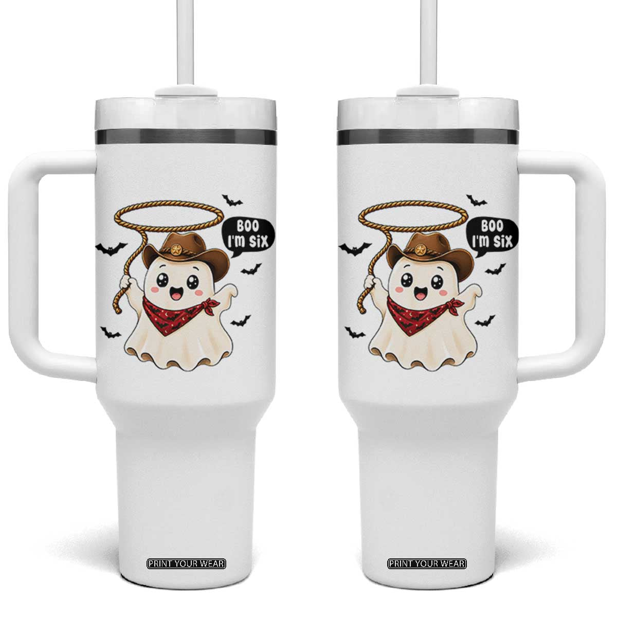 Halloween Spooky Cowboy Ghost 6th Birthday Tumbler With Handle Boo Im Six Western Party Gift