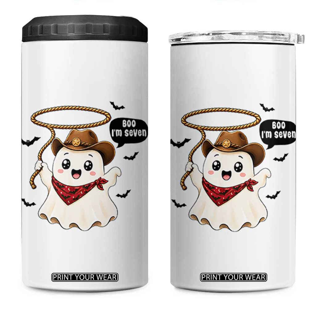 Halloween Spooky Cowboy Ghost 7th Birthday 4 in 1 Can Cooler Tumbler Boo Im Seven Western Party Gift