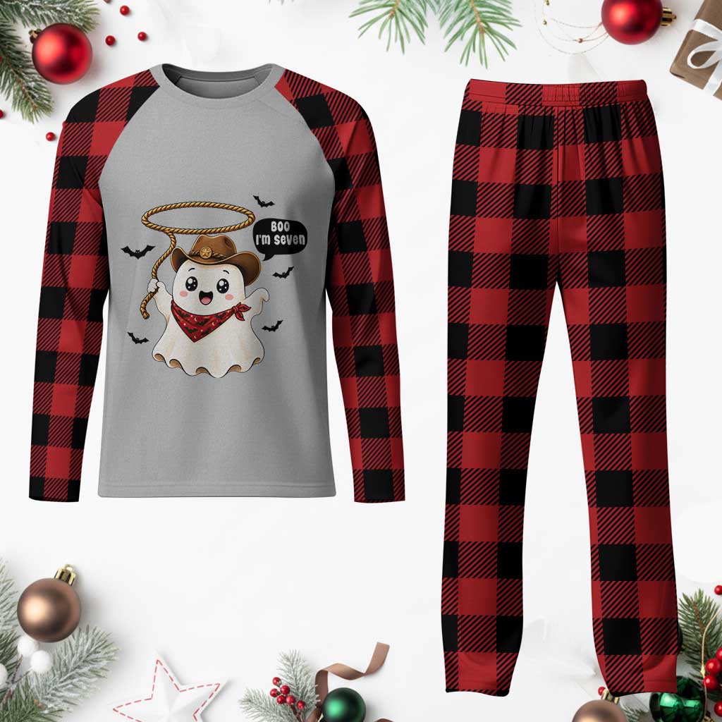 Halloween Spooky Cowboy Ghost 7th Birthday Plaid Pajama Set Boo Im Seven Western Party Gift