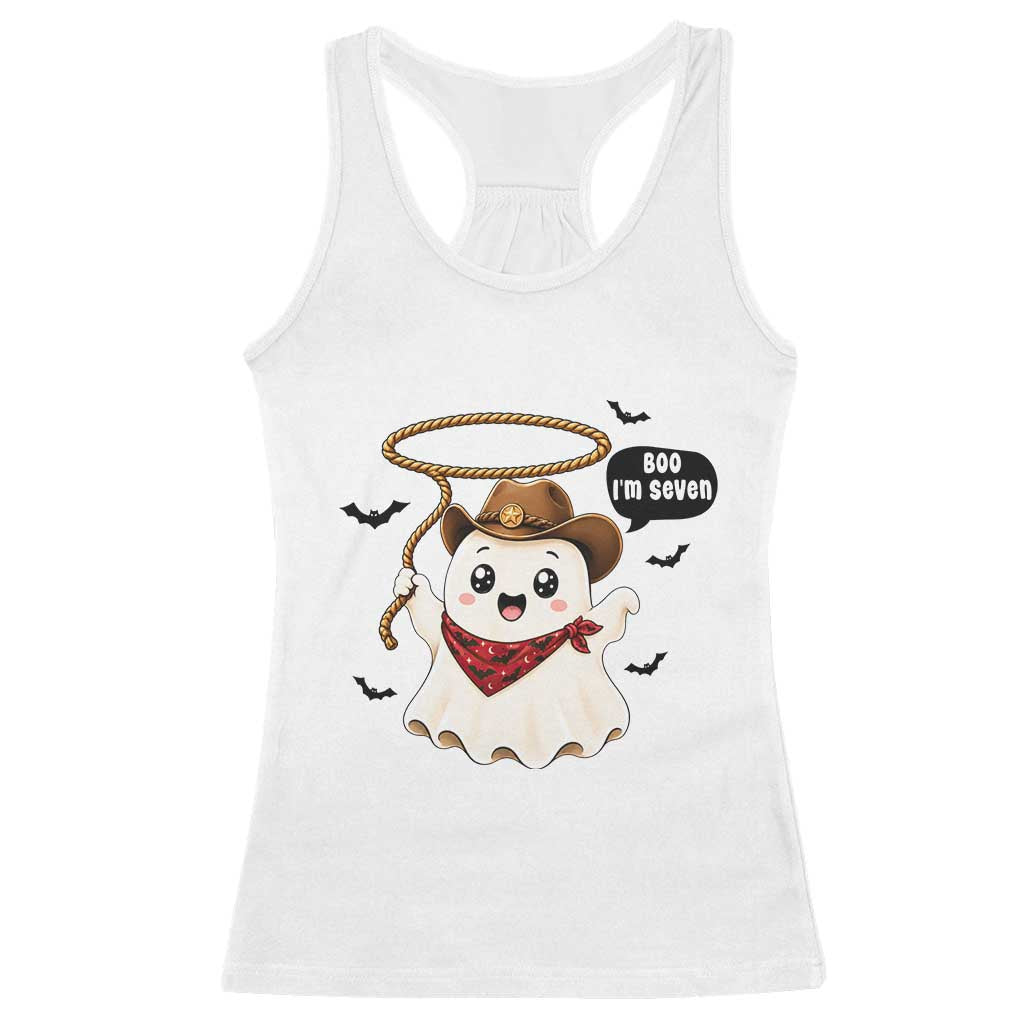 Halloween Spooky Cowboy Ghost 7th Birthday Racerback Tank Top Boo Im Seven Western Party Gift
