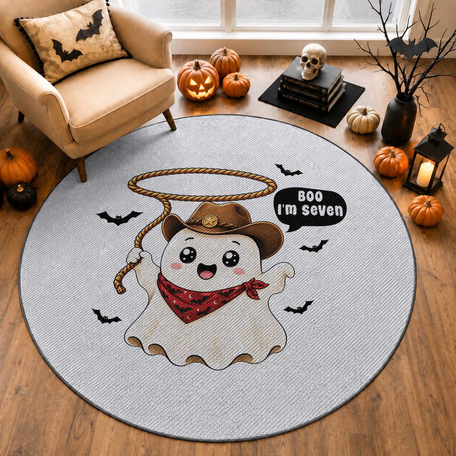Halloween Spooky Cowboy Ghost 7th Birthday Round Rug Boo Im Seven Western Party Gift