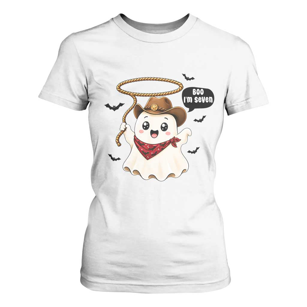 Halloween Spooky Cowboy Ghost 7th Birthday T Shirt For Women Boo Im Seven Western Party Gift