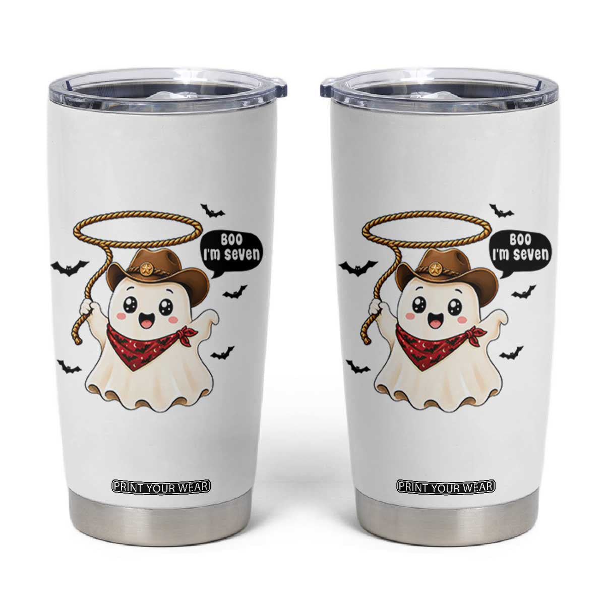 Halloween Spooky Cowboy Ghost 7th Birthday Tumbler Cup Boo Im Seven Western Party Gift