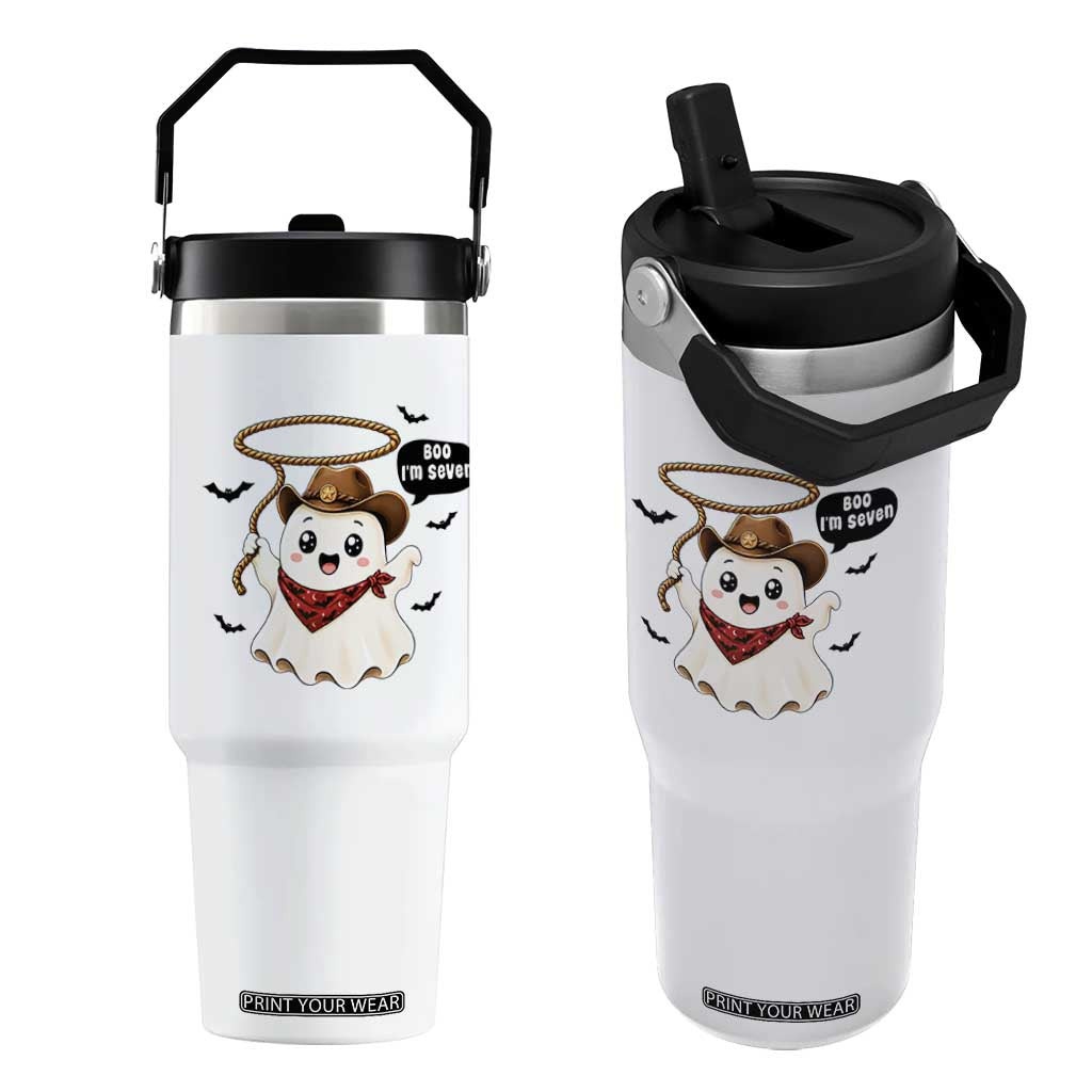 Halloween Spooky Cowboy Ghost 7th Birthday Flip Straw Tumbler Boo Im Seven Western Party Gift