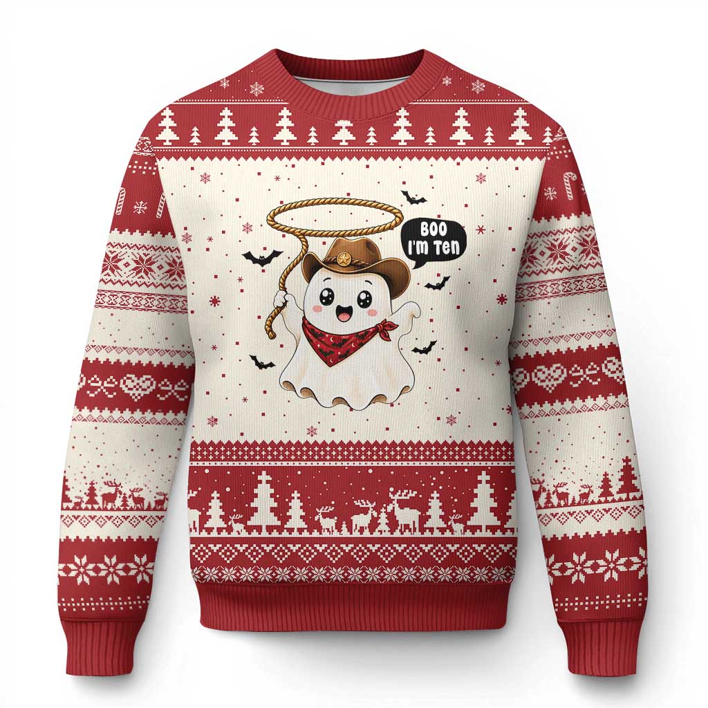 Halloween Spooky Cowboy Ghost 10th Birthday Ugly Christmas Sweater Boo Im Ten Western Party Gift