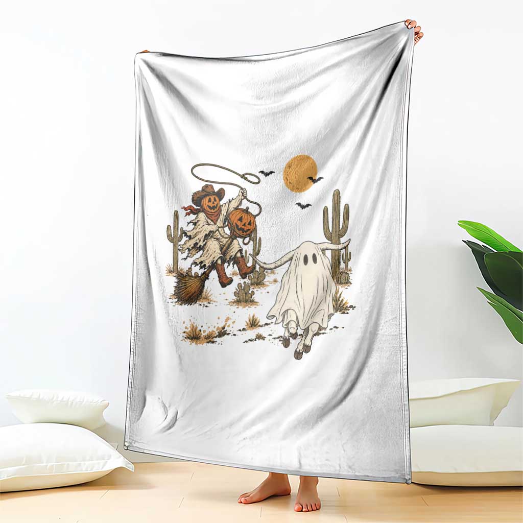 Pumpkin Head Ghost Cowboy Roping Longhorn Throw Blanket Spooky Western Halloween Rodeo Gift