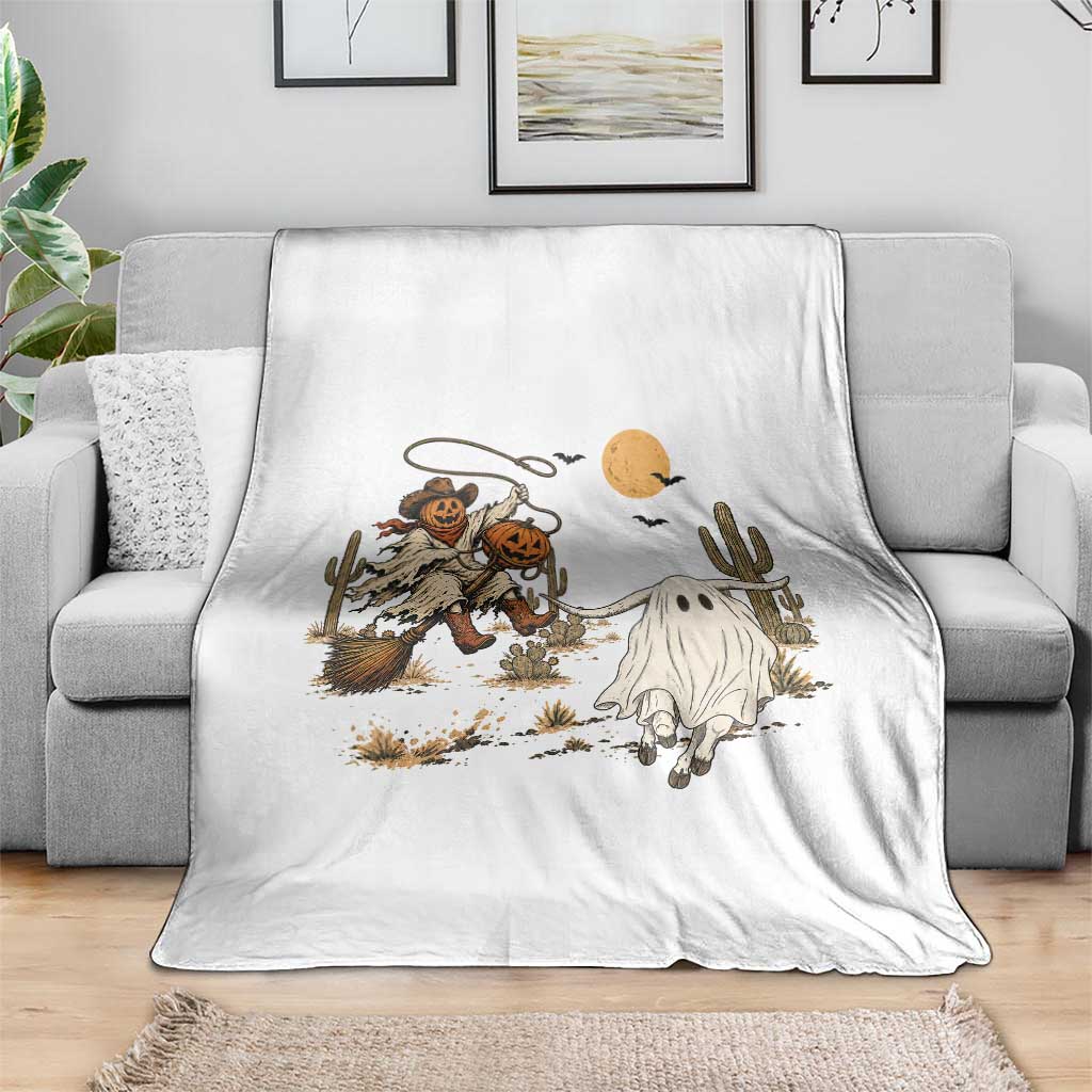 Pumpkin Head Ghost Cowboy Roping Longhorn Throw Blanket Spooky Western Halloween Rodeo Gift