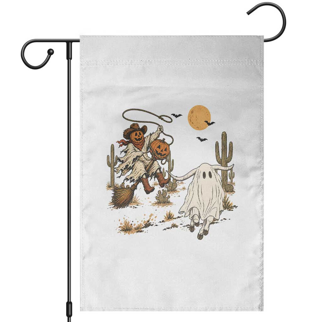 Pumpkin Head Ghost Cowboy Roping Longhorn Garden Flag Spooky Western Halloween Rodeo Gift