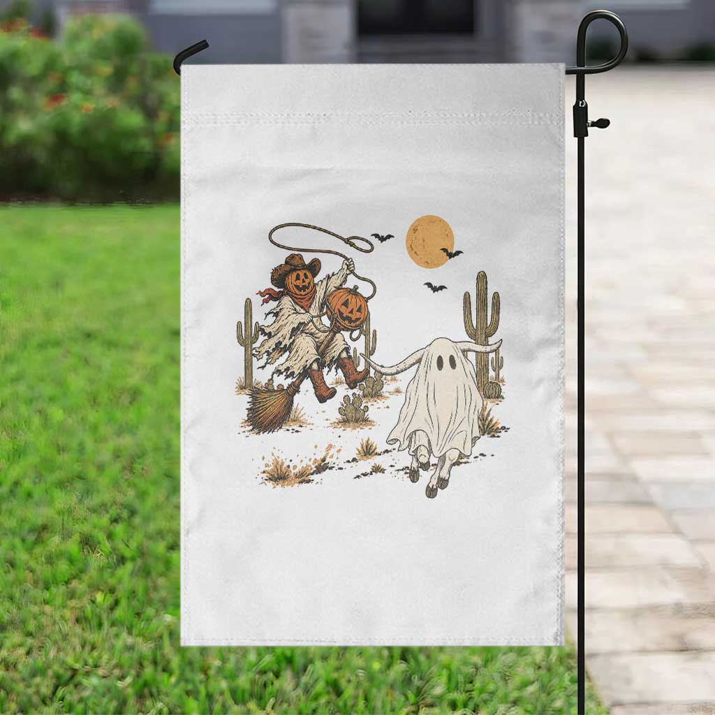 Pumpkin Head Ghost Cowboy Roping Longhorn Garden Flag Spooky Western Halloween Rodeo Gift