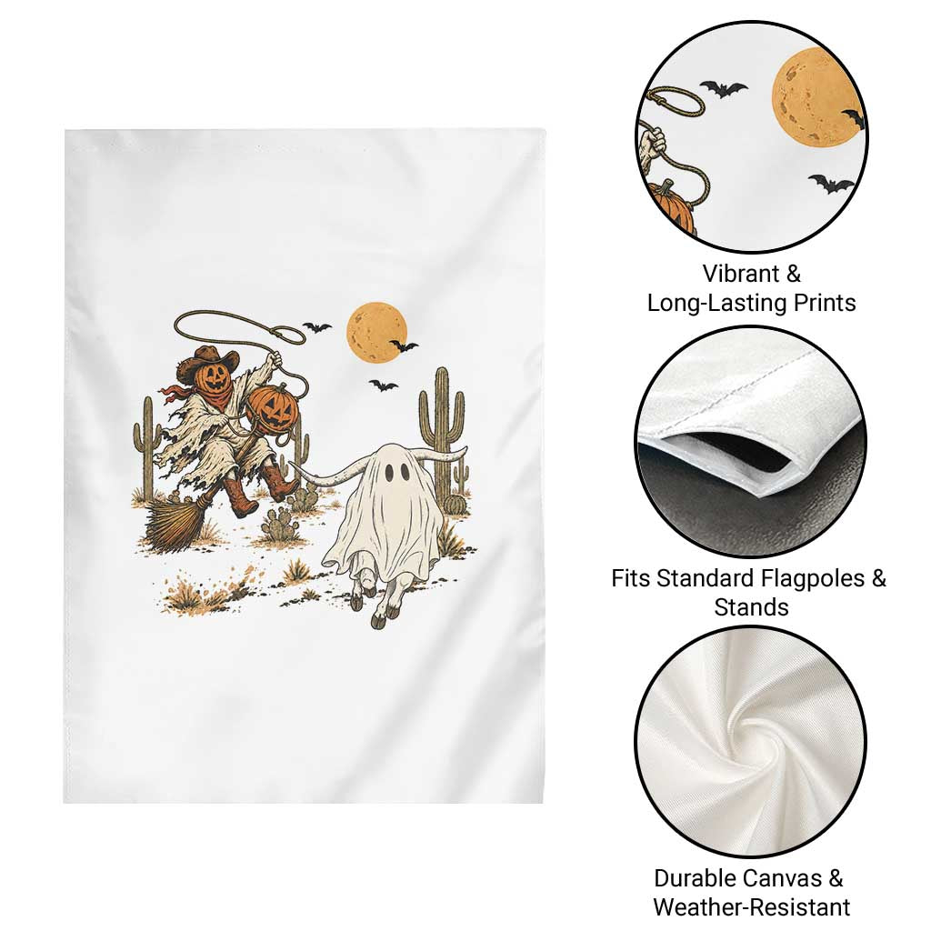Pumpkin Head Ghost Cowboy Roping Longhorn Garden Flag Spooky Western Halloween Rodeo Gift