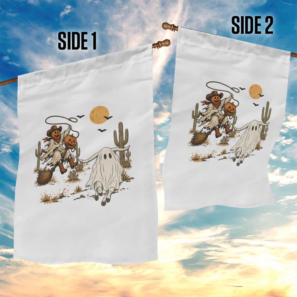 Pumpkin Head Ghost Cowboy Roping Longhorn Garden Flag Spooky Western Halloween Rodeo Gift
