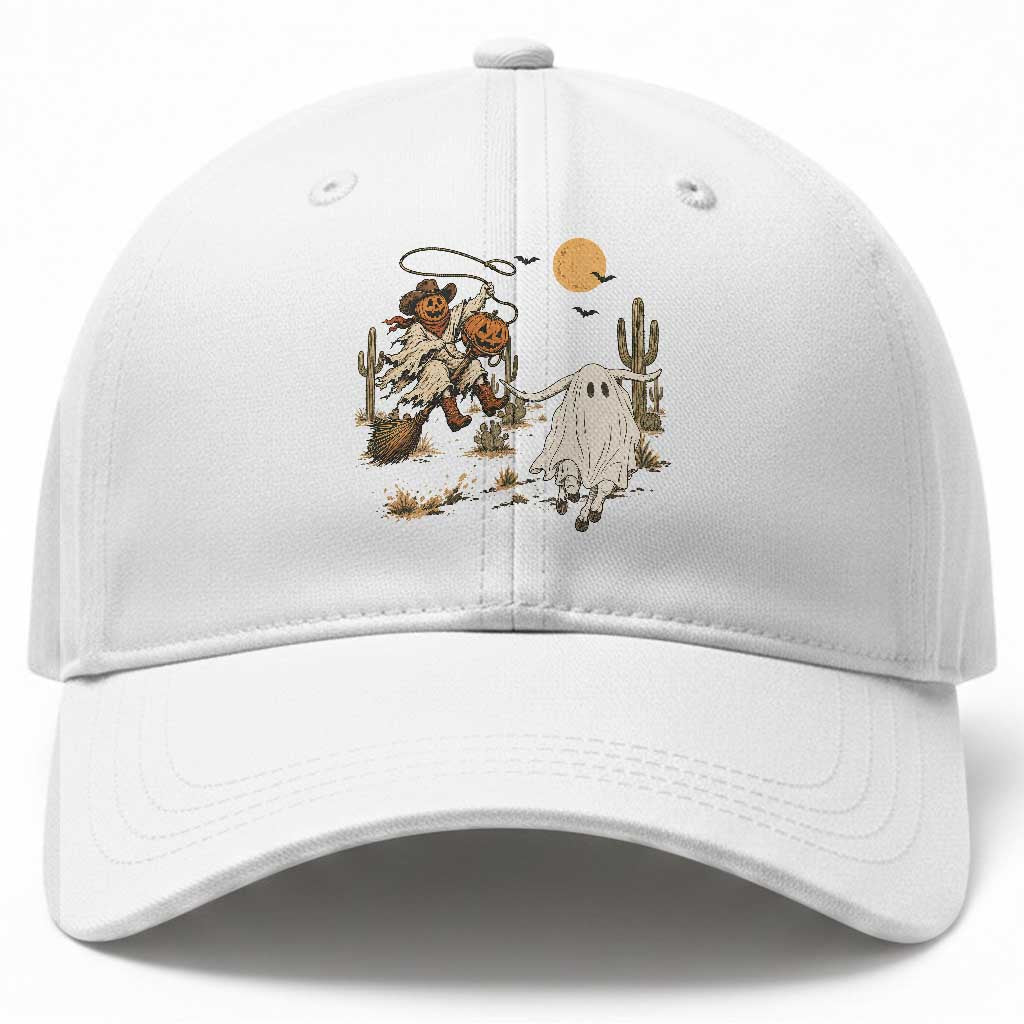 Pumpkin Head Ghost Cowboy Roping Longhorn Baseball Cap Spooky Western Halloween Rodeo Gift