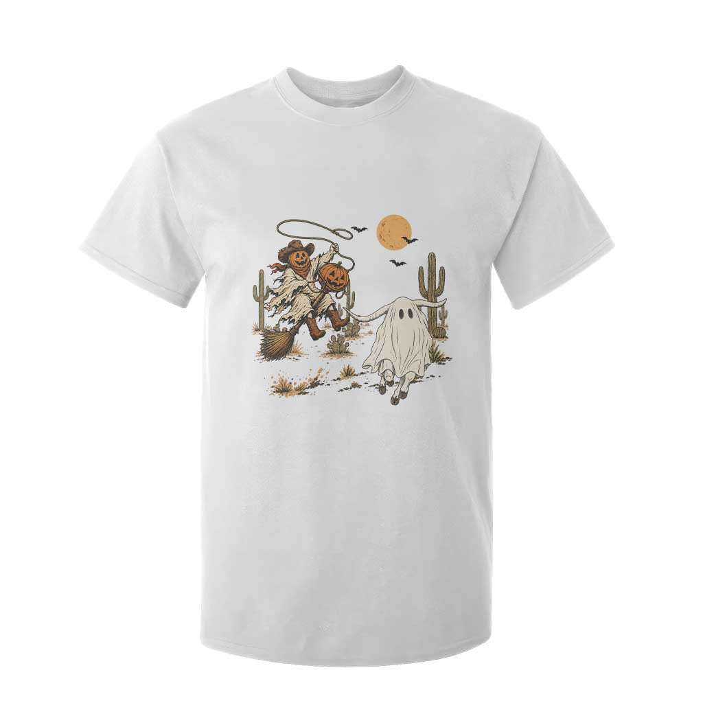 Pumpkin Head Ghost Cowboy Roping Longhorn T Shirt For Kid Spooky Western Halloween Rodeo Gift