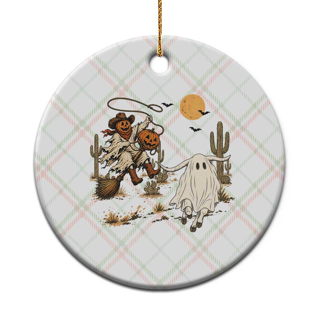 Pumpkin Head Ghost Cowboy Roping Longhorn Ceramic Ornament Spooky Western Halloween Rodeo Gift