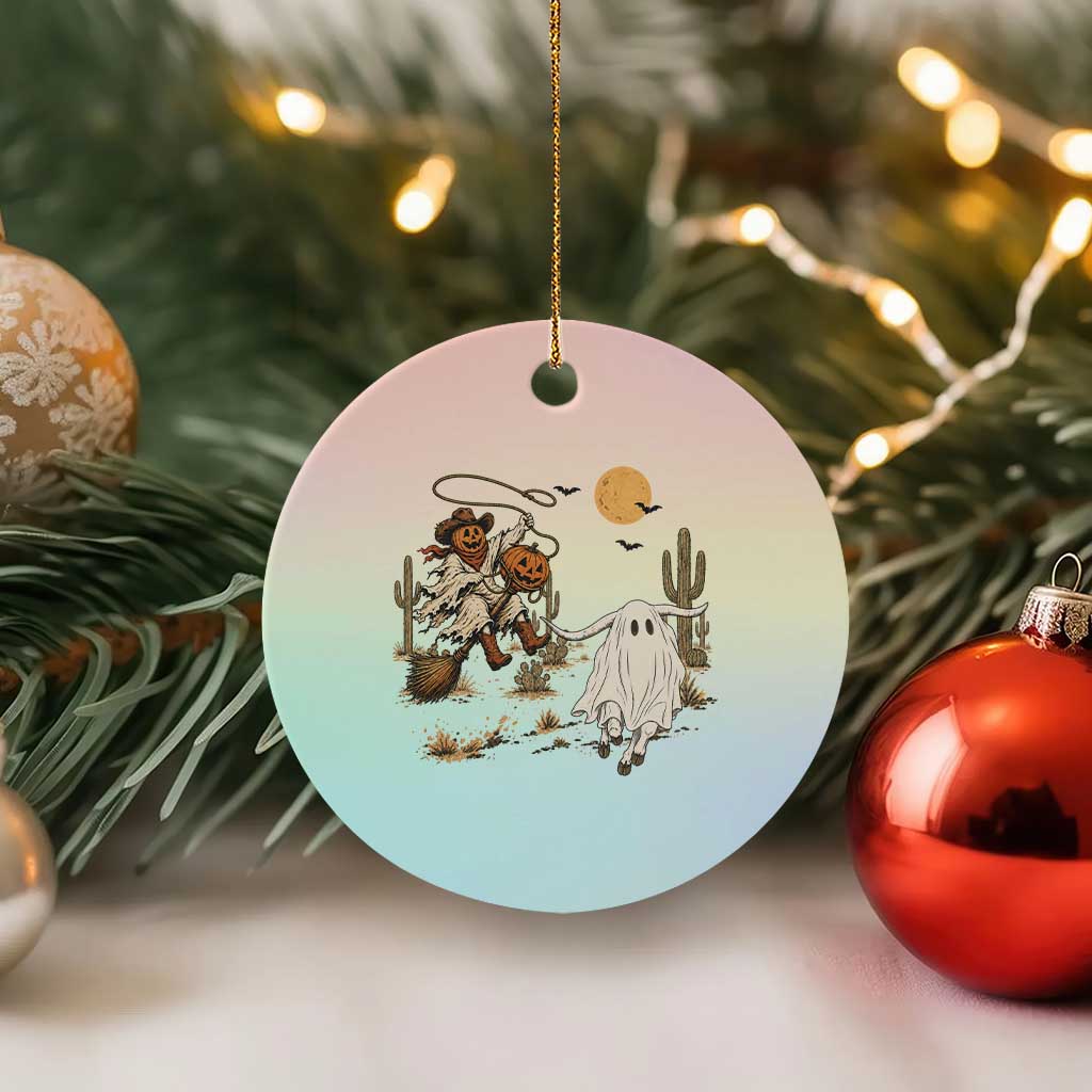 Pumpkin Head Ghost Cowboy Roping Longhorn Ceramic Ornament Spooky Western Halloween Rodeo Gift