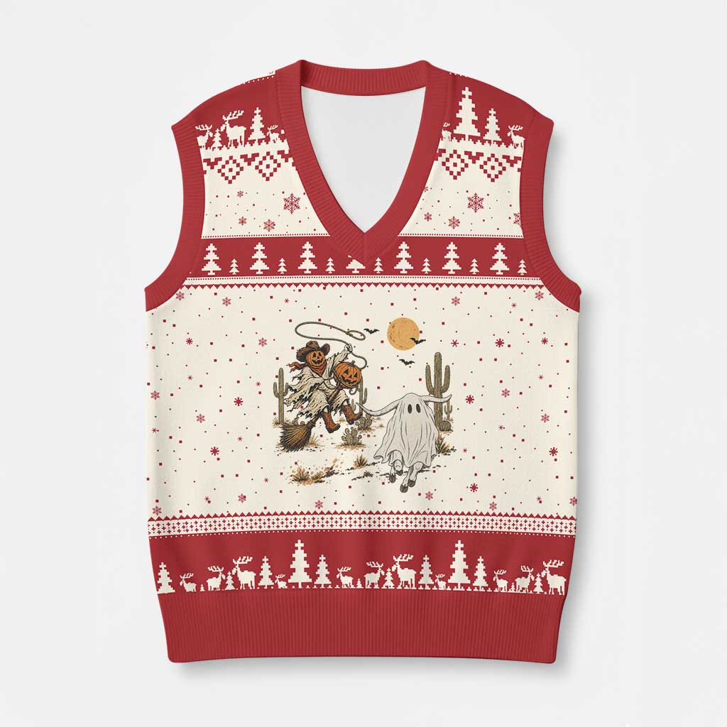 Pumpkin Head Ghost Cowboy Roping Longhorn V-Neck Knit Sweater Vest Spooky Western Halloween Rodeo Gift