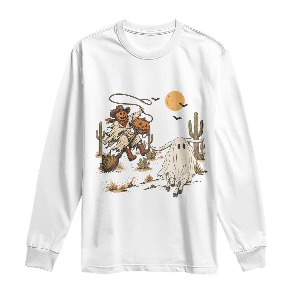 Pumpkin Head Ghost Cowboy Roping Longhorn Long Sleeve Shirt Spooky Western Halloween Rodeo Gift