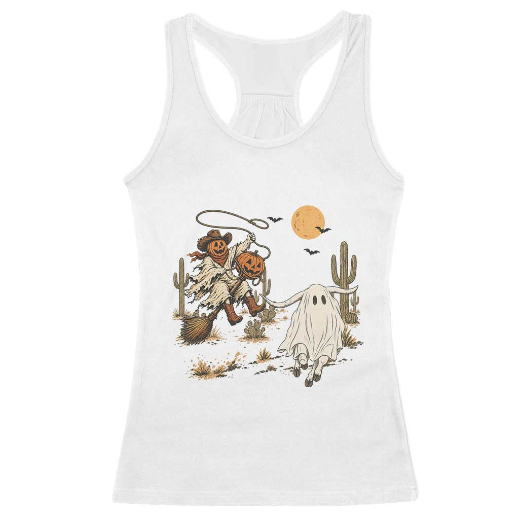 Pumpkin Head Ghost Cowboy Roping Longhorn Racerback Tank Top Spooky Western Halloween Rodeo Gift