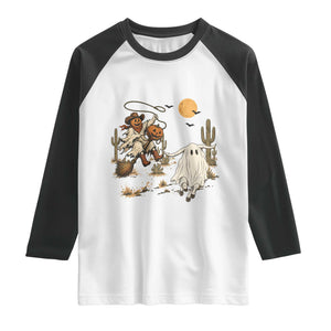 Pumpkin Head Ghost Cowboy Roping Longhorn Raglan Shirt Spooky Western Halloween Rodeo Gift