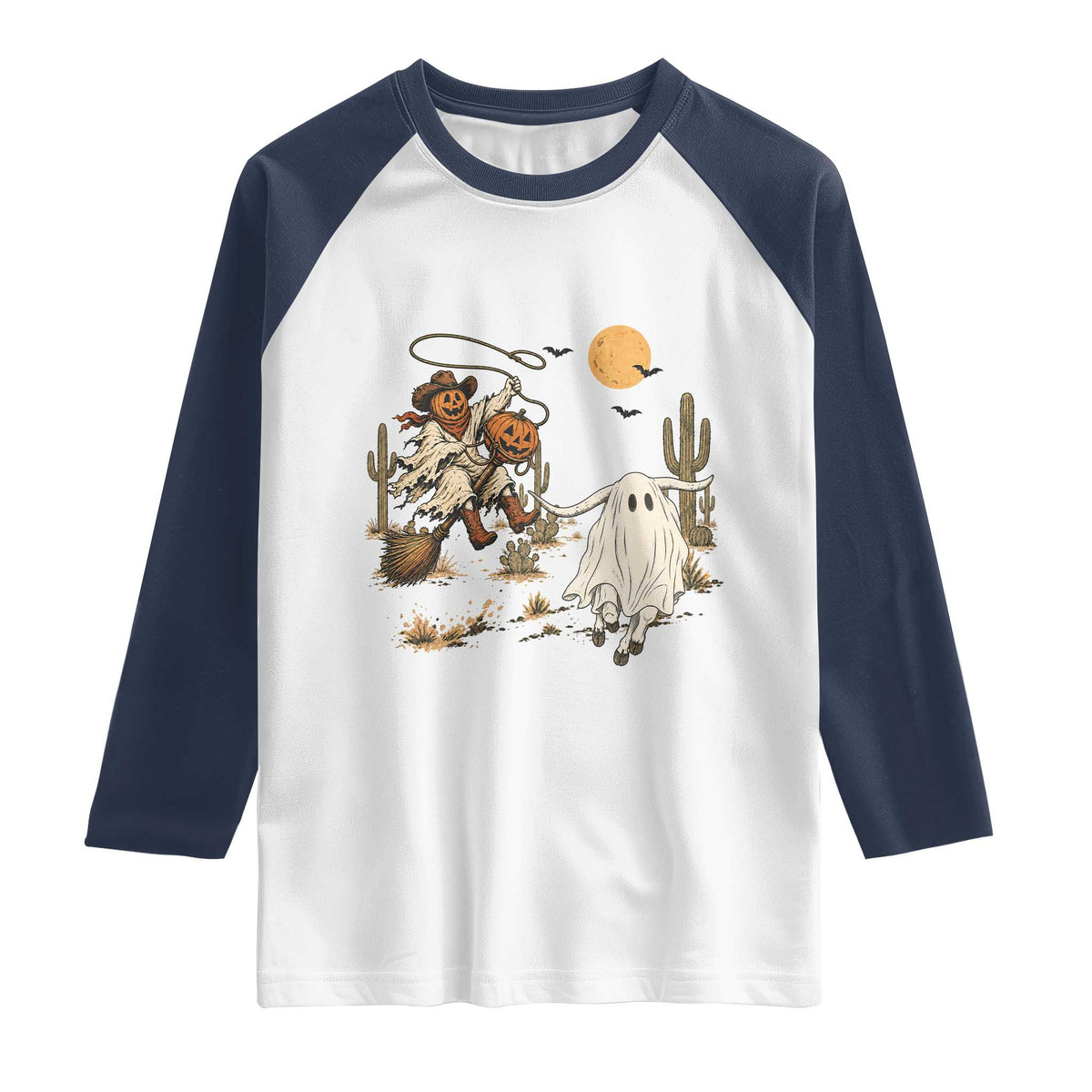 Pumpkin Head Ghost Cowboy Roping Longhorn Raglan Shirt Spooky Western Halloween Rodeo Gift
