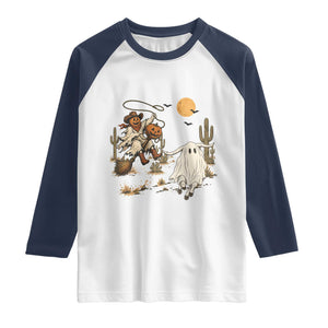 Pumpkin Head Ghost Cowboy Roping Longhorn Raglan Shirt Spooky Western Halloween Rodeo Gift