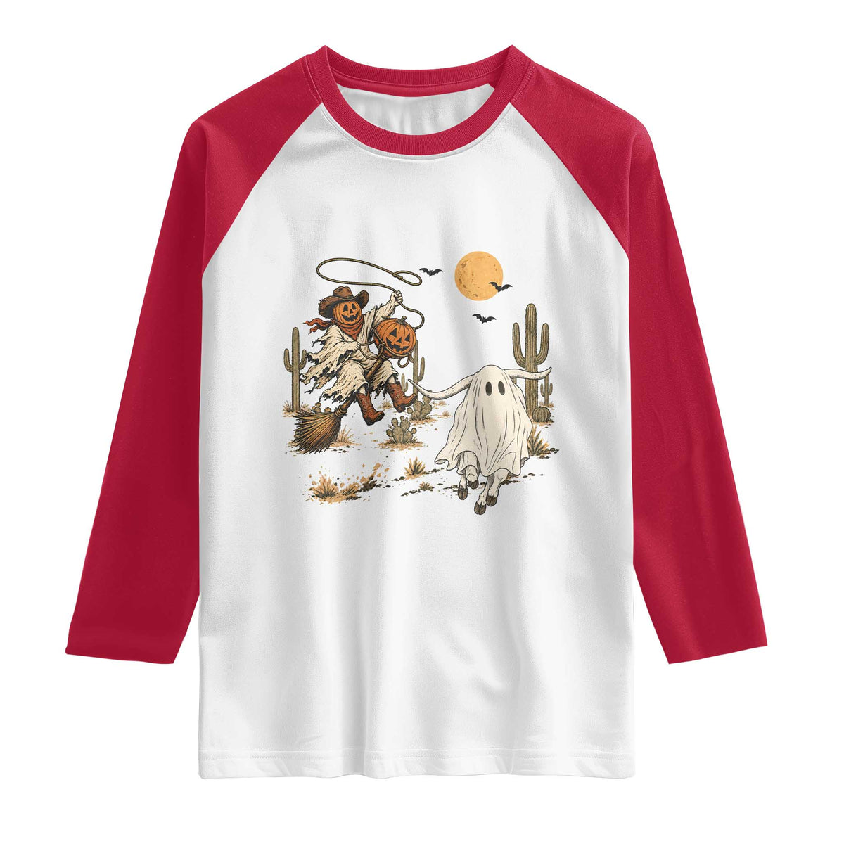 Pumpkin Head Ghost Cowboy Roping Longhorn Raglan Shirt Spooky Western Halloween Rodeo Gift