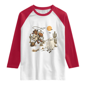 Pumpkin Head Ghost Cowboy Roping Longhorn Raglan Shirt Spooky Western Halloween Rodeo Gift