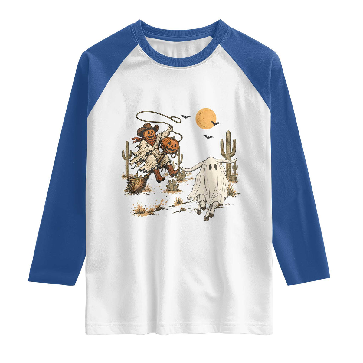 Pumpkin Head Ghost Cowboy Roping Longhorn Raglan Shirt Spooky Western Halloween Rodeo Gift