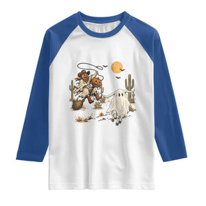 Pumpkin Head Ghost Cowboy Roping Longhorn Raglan Shirt Spooky Western Halloween Rodeo Gift