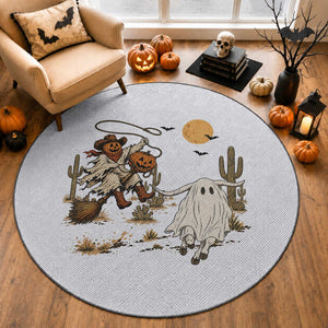 Pumpkin Head Ghost Cowboy Roping Longhorn Round Rug Spooky Western Halloween Rodeo Gift