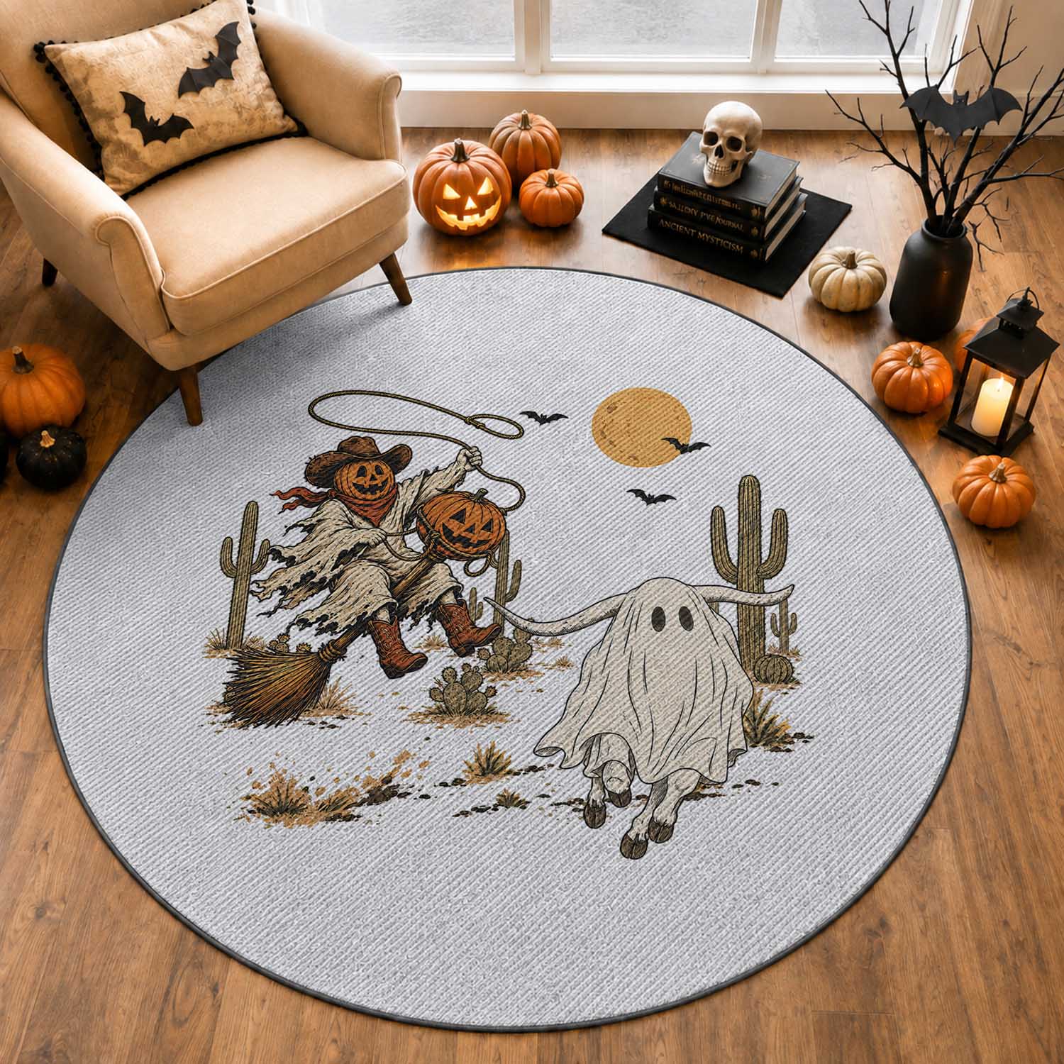 Pumpkin Head Ghost Cowboy Roping Longhorn Round Rug Spooky Western Halloween Rodeo Gift