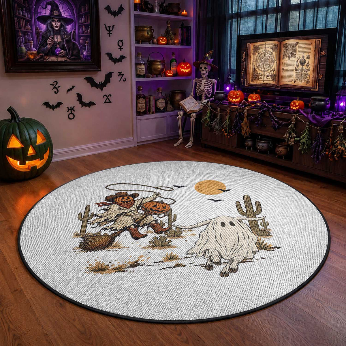 Pumpkin Head Ghost Cowboy Roping Longhorn Round Rug Spooky Western Halloween Rodeo Gift