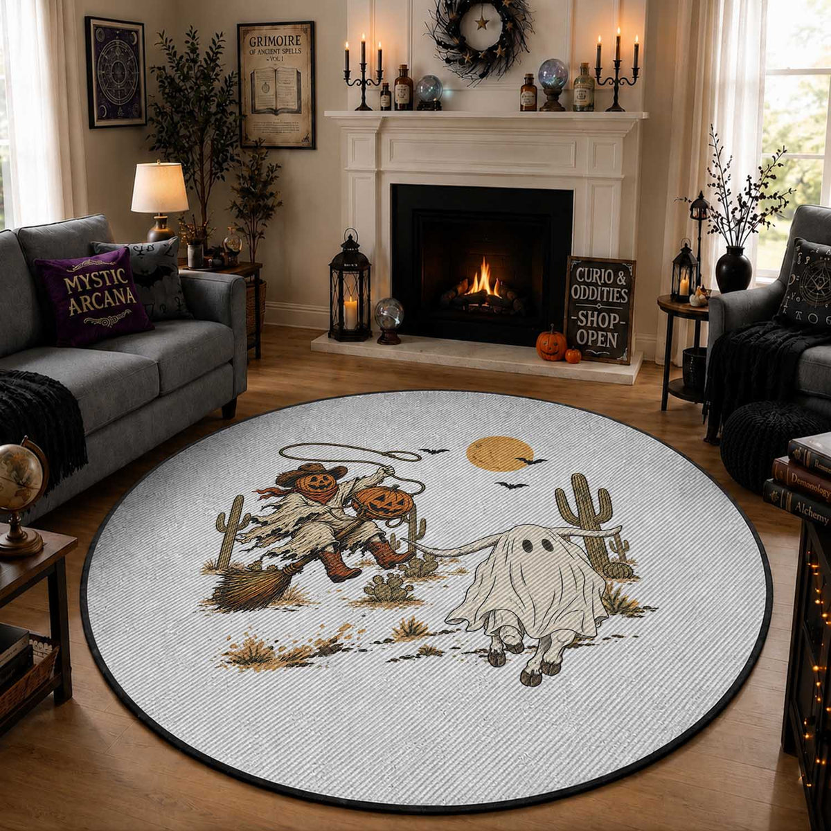 Pumpkin Head Ghost Cowboy Roping Longhorn Round Rug Spooky Western Halloween Rodeo Gift