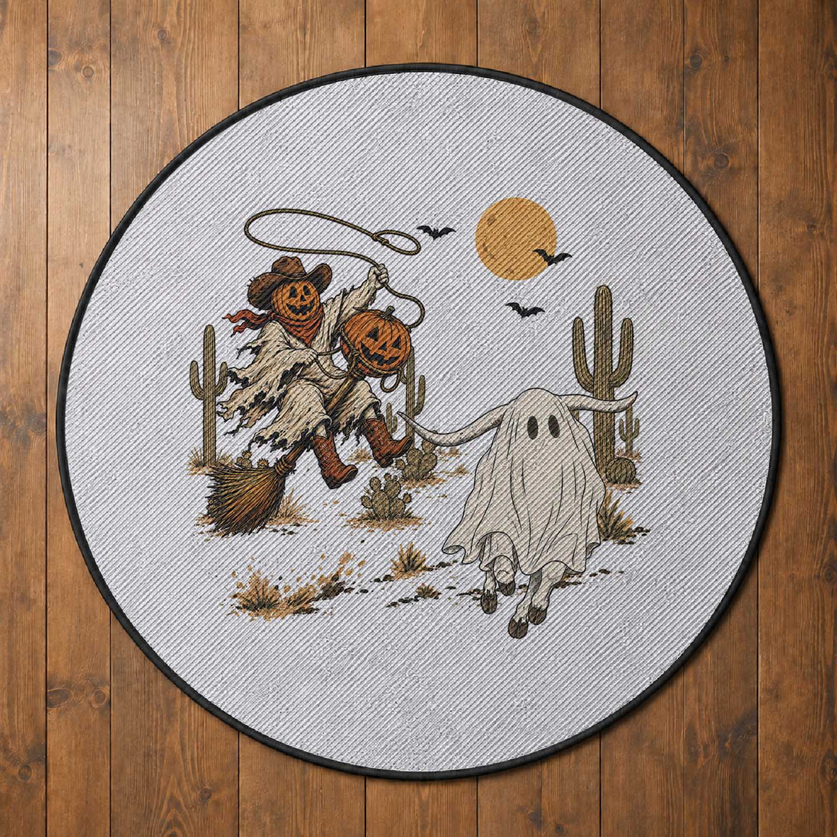 Pumpkin Head Ghost Cowboy Roping Longhorn Round Rug Spooky Western Halloween Rodeo Gift