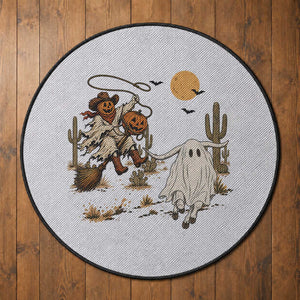 Pumpkin Head Ghost Cowboy Roping Longhorn Round Rug Spooky Western Halloween Rodeo Gift