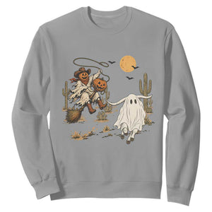 Pumpkin Head Ghost Cowboy Roping Longhorn Sweatshirt Spooky Western Halloween Rodeo Gift